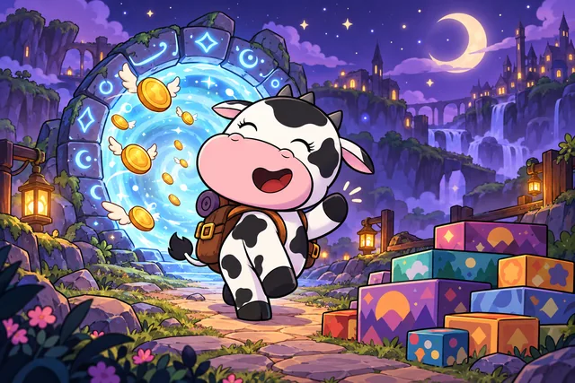 The little cow, backpack on, walking away from a magic portal and waving goodbye, with winged coins flying off and a pile of colorful games waiting for her