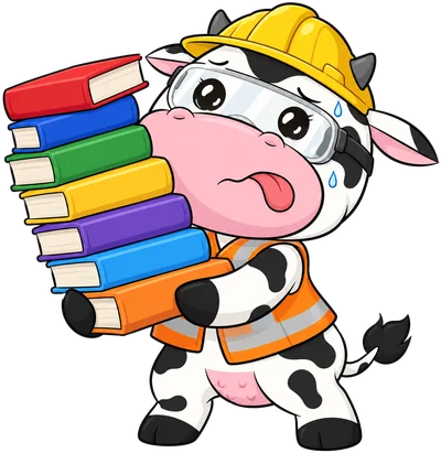 Cow in a hard hat and safety goggles carrying a stack of colorful books, tongue out