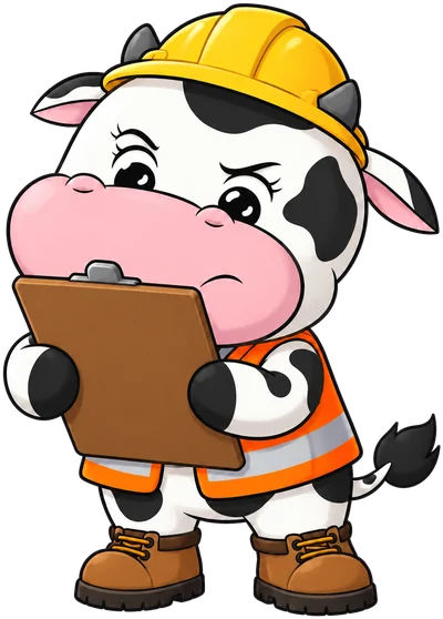 Foreman cow in a yellow hard hat and orange vest, checking the blueprint on a clipboard