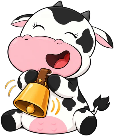 Vaquinha sentada, toda feliz, tocando um sino de vaca dourado